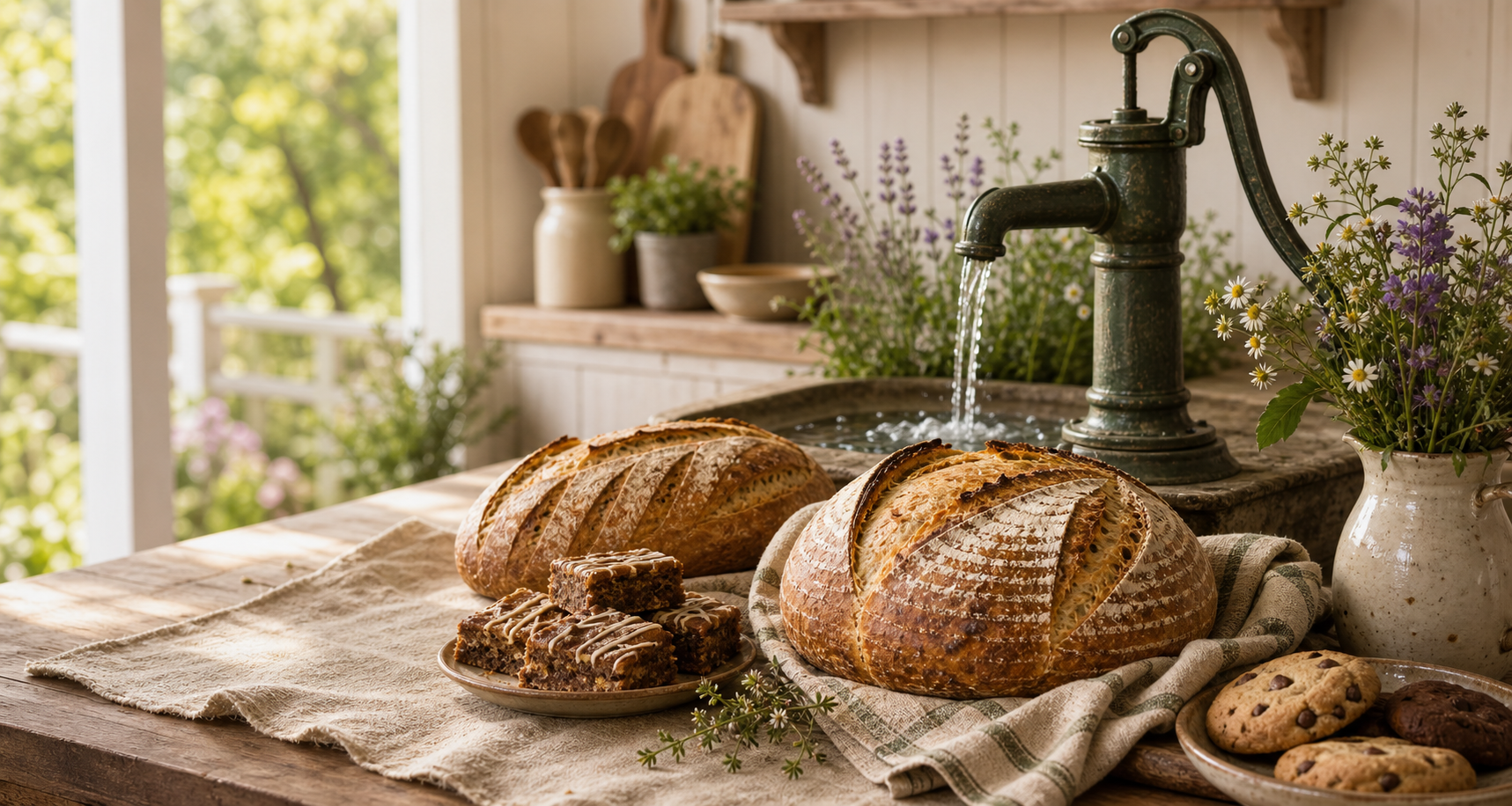 Fresh sourdough loaves, cookies, wildflowers, and a hand water pump on a bakery table