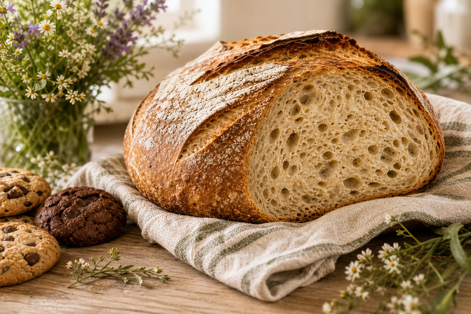 Close-up of a rustic sourdough loaf with flowers and cookies nearby