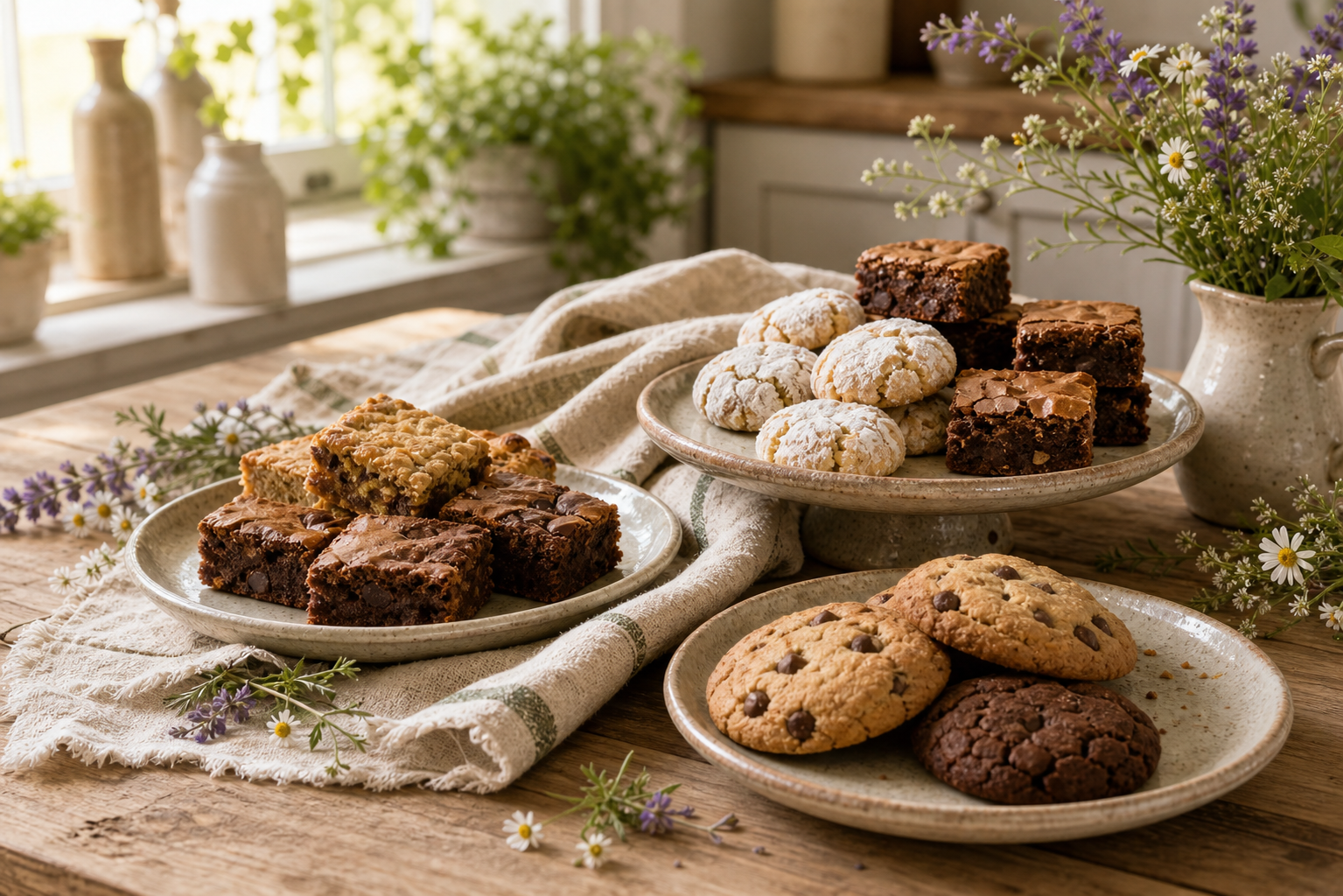 Homemade brownies, bars, and cookies styled on ceramic plates